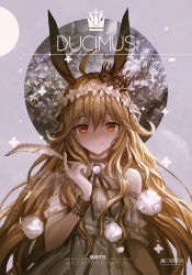 Rule 34 | 1girl, ahoge, animal ears, brown eyes, brown hair, rabbit ears, crown, dress, english text, feathers, flower, highres, lm7 (op-center), looking at viewer, original, profile, smile, solo, tiara, wristband