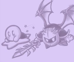 Rule 34 | armor, artist name, bad id, bad pixiv id, galaxia (sword), gias-ex-machella, kirby, kirby (series), looking at another, mask, meta knight, monochrome, nintendo, no humans, purple theme, solo, star (symbol), sword, warp star, weapon, wings