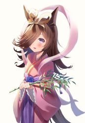 Rule 34 | 1girl, absurdres, alternate costume, animal ears, bamboo, blush, brown hair, hagoromo, hair over one eye, hairband, highres, horse ears, horse girl, horse tail, japanese clothes, kimono, long hair, long sleeves, looking at viewer, open mouth, pink kimono, purple eyes, reo-illust4696, rice shower (umamusume), shawl, simple background, smile, solo, standing, tail, tanabata, umamusume, white background, wide sleeves