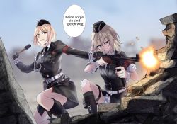 Rule 34 | 2girls, absurdres, blonde hair, blue eyes, boots, combat boots, commentary, commission, cross, english commentary, explosive, garrison cap, german text, girls&#039; frontline, grenade, gun, hat, highres, holding, holding grenade, holding gun, holding weapon, iron cross, military, military uniform, mp40 (girls&#039; frontline), mp41, mp41 (girls&#039; frontline), multiple girls, nazi, pixiv commission, submachine gun, suprii, translation request, uniform, weapon, yellow background