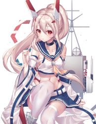 Rule 34 | 1girl, ascot, ayanami (azur lane), azur lane, bare shoulders, belt, blue sailor collar, blue skirt, blush, breasts, cannon, collarbone, commentary request, detached sleeves, fingernails, groin, hair between eyes, hair ornament, hairclip, hand up, headgear, highres, holding, holding own hair, kinty, lifebuoy, light brown hair, long hair, long sleeves, looking at viewer, machinery, midriff, navel, orange ascot, parted lips, pleated skirt, ponytail, red eyes, sailor collar, shirt, simple background, sitting, skirt, small breasts, solo, swim ring, thighhighs, very long hair, white background, white belt, white shirt, white thighhighs, wide sleeves