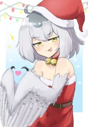 Rule 34 | 1girl, ahoge, bare shoulders, bell, blue background, blush, christmas, christmas lights, dress, feathered wings, grey feathers, grey hair, grey wings, harpy, hat, heart, heart hands, jingle bell, medium hair, mono (sifserf), monster girl, neck bell, open mouth, original, owl girl, pom pom (clothes), santa dress, santa hat, sifserf, solo, sparkle, strapless, strapless dress, two-tone background, winged arms, wings, yellow eyes