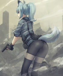 Rule 34 | 1girl, animal ears, ass, bad id, bad tumblr id, bee (deadflow), bike shorts, black gloves, concon-collector, fingerless gloves, fox ears, fox tail, glock, gloves, gun, handgun, load bearing vest, muted color, open mouth, original, pistol, ponytail, red eyes, silver hair, solo, tail, trigger discipline, weapon
