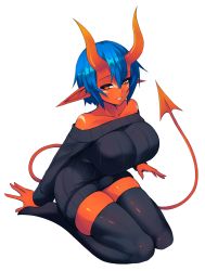 Rule 34 | 1girl, absurdres, arm support, bare shoulders, black sweater, black thighhighs, blue hair, borrowed character, breasts, collarbone, colored skin, demon girl, demon tail, dress, grin, highres, horns, lap pillow invitation, large breasts, light smile, off-shoulder sweater, off shoulder, orange eyes, original, pointy ears, red skin, ribbed sweater, short hair, simple background, sitting, smile, solo, sub-res, sweater, sweater dress, tail, thighhighs, white background, zettai ryouiki