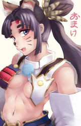Rule 34 | 1girl, armor, bare shoulders, black hat, blue eyes, blush, breasts, cleavage, detached sleeves, facepaint, facial mark, fang, fate/grand order, fate (series), hair ornament, hair rings, hat, long hair, looking at viewer, medium breasts, midriff, navel, open mouth, ponytail, purple hair, simple background, smile, solo, thick eyebrows, upper body, ushiwakamaru (fate), whisker markings, white background, yasaidon