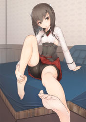 10s 1girl arm_support barefoot bike_shorts bow_(weapon) brown_eyes brown_hair chair crossbow desk feet female_focus flat_chest hair_between_eyes hands_on_feet headband headgear highres indoors kantai_collection looking_at_viewer on_desk open_mouth pleated_skirt short_hair sitting skirt soles solo taihou_(kancolle) thighs toes urigarasu weapon