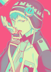 Rule 34 | 10s, 1boy, alternate color, bad id, bad pixiv id, beanie, blood, blood on hands, dramatical murder, hat, licking, limited palette, male focus, md5 mismatch, noiz (dramatical murder), palru s2, short hair, solo, tongue, upper body