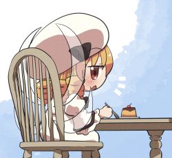 Rule 34 | 1girl, blonde hair, blush, chair, dress, fairy, fairy wings, food, hair between eyes, hat, holding, holding spoon, long sleeves, luna child, open mouth, pudding, red eyes, rokugou daisuke, short hair, signature, sitting, solo, spoon, touhou, white dress, white hat, wide sleeves, wings