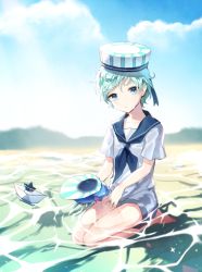 Rule 34 | 1girl, androgynous, aqua hair, blue eyes, closed mouth, day, hat, legs together, looking at viewer, mechuragi, outdoors, paper boat, sailor, sailor collar, sailor hat, seiza, shallow water, short hair, short sleeves, shorts, sitting, solo, water