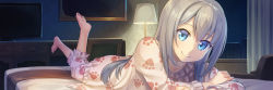 Rule 34 | 1girl, armchair, barefoot, bed, bedroom, blue eyes, cabinet, chair, collarbone, crossed arms, curtains, head tilt, indoors, lamp, lampshade, legs up, long hair, looking at viewer, lying, night, on bed, on stomach, original, pajamas, paw print, picture frame, print pajamas, shinonome haru, silver hair, smile, solo, television, the pose, window