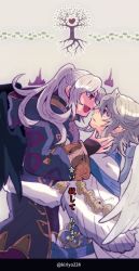 Rule 34 | 1boy, 1girl, alternate costume, black wings, corrin (fire emblem), corrin (male) (fire emblem), corruption, dark persona, fang, fire emblem, fire emblem awakening, fire emblem fates, fire emblem heroes, fire emblem if, from side, gloves, grima (fire emblem), highres, hood, hood down, intelligent systems, kiriya (552260), long sleeves, nintendo, official alternate costume, open mouth, parted lips, pointy ears, possessed, possession, red eyes, robe, robin (female) (fire emblem), robin (fire emblem), short hair, twintails, twitter username, white gloves, white hair, white wings, wings