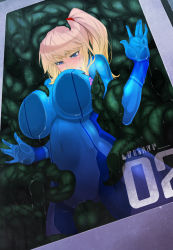 Rule 34 | 1girl, against glass, bad id, bad pixiv id, blonde hair, blue eyes, blush, bodysuit, breast press, breasts, breasts on glass, cameltoe, covered navel, glass door, highres, imminent rape, large breasts, long hair, metroid, navel, nintendo, ponytail, samus aran, scrunchie, skin tight, slime (substance), solo, tentacles, umezawa itte, zero suit