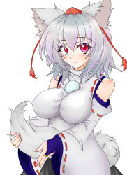 Rule 34 | 1girl, animal ears, between legs, blush, breasts, bridal gauntlets, detached sleeves, hat, highres, impossible clothes, impossible shirt, inubashiri momiji, large breasts, looking at viewer, pom pom (clothes), red eyes, shirt, short hair, silver hair, simple background, smile, solo, tail, tail fondling, tokin hat, touhou, white background, wide sleeves, wolf ears, wolf tail