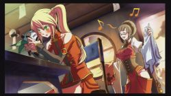 Rule 34 | 2girls, arc system works, blazblue, blazblue: calamity trigger, blonde hair, blush, breast conscious, chair, china dress, chinese clothes, dress, closed eyes, green eyes, lao jiu, litchi faye ling, multiple girls, musical note, noel vermillion, official art, panda, side ponytail, sitting, table