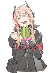 Rule 34 | 1girl, armband, bad id, bad twitter id, baskin-robbins, black scarf, blonde hair, blood, blood from mouth, blush, cactus, closed eyes, eating, fangs, girls&#039; frontline, headgear, highres, jacket, long hair, long sleeves, m4 sopmod ii (girls&#039; frontline), mechanical arms, multicolored hair, off shoulder, open mouth, scarf, single mechanical arm, solo, streaked hair, white background, yunamul