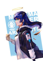Rule 34 | 1girl, absurdres, arknights, black jacket, blue eyes, blue hair, coffee cup, commentary, cup, dated, disposable cup, from side, fur-trimmed jacket, fur trim, gloves, halo, highres, holding, holding cup, horns, jacket, long hair, long sleeves, looking at viewer, mostima (arknights), penguin logistics logo, profile, shirt, smile, solo, upper body, white gloves, white shirt, zarsy