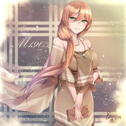 Rule 34 | 1girl, alternate costume, alternate hairstyle, bag, blush, breasts, brown hair, casual, character name, cleavage, collarbone, dated, dress, floating hair, girls&#039; frontline, gloves, green eyes, hair between eyes, hair over shoulder, hair ribbon, hair tie, handbag, highres, holding, holding bag, jewelry, large breasts, long hair, looking at viewer, necklace, parted lips, ribbon, ring, scarf, sidelocks, signature, skirt, smile, solo, sparkle, springfield (girls&#039; frontline), very long hair, wedding band, wind, wind lift, zhishi ge fangzhang