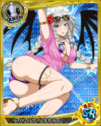 Rule 34 | 1girl, armlet, ass, bikini, blue bow, bow, bracelet, braid, breasts, card (medium), chess piece, cleavage, demon girl, demon wings, female focus, flower, grayfia lucifuge, grey eyes, grey hair, hair bow, hair flower, hair ornament, high school dxd, jewelry, large breasts, lipstick, long hair, looking at viewer, maid headdress, makeup, matching hair/eyes, mature female, micro bikini, official art, purple bikini, queen (chess), red lips, sandals, see-through, see-through shirt, smile, solo, sunglasses on head, swimsuit, thigh strap, thighlet, thong, twin braids, underboob, wings