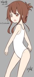 Rule 34 | 1girl, bare arms, bare legs, bare shoulders, brown eyes, brown hair, dated, folded ponytail, grey background, gurande (g-size), highres, inazuma (kancolle), kantai collection, long hair, looking at viewer, one-piece swimsuit, signature, simple background, solo, standing, swimsuit, transparent background