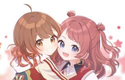 Rule 34 | 2girls, ahoge, blush, brown hair, commentary request, earrings, gakuen idolmaster, gradient hair, grin, hanami saki, hanami ume, heads together, heart, heart earrings, highres, i7min, idolmaster, jewelry, looking at viewer, looking back, multicolored hair, multiple girls, partial commentary, red hair, shirt, siblings, sisters, smile, star (symbol), sweater vest, two side up, upper body, white shirt