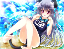 Rule 34 | 1girl, animal ears, barefoot, cat ears, cat tail, feet, goggles, grey hair, hair ribbon, highres, long hair, one-piece swimsuit, ooji cha, open mouth, original, oziko (ooji cha), paw pose, purple eyes, ribbon, school swimsuit, smile, soles, solo, swimsuit, tail, toes