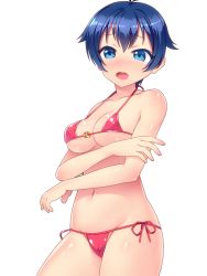 Rule 34 | 1girl, bad id, bad pixiv id, bikini, blue eyes, blue hair, blush, breasts, cleavage, crossed arms, kamishiro sui, looking at viewer, matching hair/eyes, open mouth, short hair, solo, swimsuit, tokyo 7th sisters, totokichi