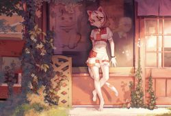 Rule 34 | 2girls, absurdres, animal ears, barefoot, blonde hair, building, calico, cat ears, commentary request, goutokuji mike, hat, highres, itsukann, maneki-neko, maribel hearn, midriff, mob cap, multicolored hair, multiple girls, navel, on wall, outdoors, patchwork clothes, plant, postbox (outgoing mail), poster (object), reflection, stomach, touhou, two-tone hair, vines, walking, window