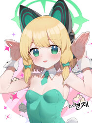 Rule 34 | 1girl, animal ear headphones, animal ears, blonde hair, blue archive, blush, bow, breasts, cat ear headphones, detached collar, fake animal ears, fake tail, green bow, green eyes, green halo, green leotard, green necktie, hair bow, halo, headphones, highres, leotard, looking at viewer, low-tied sidelocks, midori (blue archive), necktie, open mouth, p-gnesium, pink background, playboy bunny, rabbit pose, rabbit tail, second-party source, short hair, small breasts, smile, solo, strapless, strapless leotard, tail, two-tone background, upper body, white background, wrist cuffs
