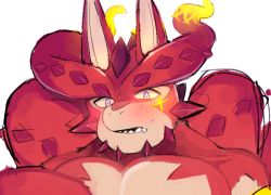 Rule 34 | 1boy, bara, blush, colored sclera, completely nude, cthugha (housamo), extra ears, furry, furry male, kenetsu sumi (no miso crash), large pectorals, male focus, monster boy, muscular, muscular male, nude, octopus boy, pectorals, portrait, purple eyes, scales, solo, tentacles, tentacle hair, thick eyebrows, tokyo houkago summoners, upper body, yellow sclera