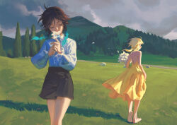 Rule 34 | 1boy, 1girl, alternate costume, animal, back, bare back, bare shoulders, barefoot, black hair, black shorts, blonde hair, blue hair, bouquet, braid, buttons, closed eyes, closed mouth, cloud, cloudy sky, collared shirt, dress, flower, fridaynightcat, genshin impact, gradient hair, grass, hair between eyes, hand up, hands up, highres, holding, holding bouquet, holding flower, long sleeves, lumine (genshin impact), mountain, multicolored hair, no headwear, outdoors, petals, puffy long sleeves, puffy sleeves, shadow, shirt, short hair, short hair with long locks, shorts, sidelocks, sky, sleeveless, sleeveless dress, smile, standing, strapless, strapless dress, tree, twin braids, venti (genshin impact), white flower, white shirt, yellow dress