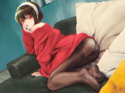 Rule 34 | 1girl, ass, baggy clothes, bare shoulders, black hair, black pantyhose, couch, feet, full body, hair between eyes, hair up, hand to own mouth, hendric (gsyv3424), highres, indoors, looking at viewer, no shoes, off-shoulder sweater, off shoulder, panties, panties under pantyhose, pantyhose, parted lips, pillow, red eyes, red sweater, sidelocks, solo, spy x family, sweater, underwear, white hair, yor briar