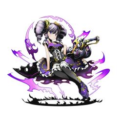 Rule 34 | 10s, 1girl, black pantyhose, collarbone, divine gate, dress, drill hair, full body, hagana (divine gate), hair ornament, hand on own hip, high heels, long hair, looking at viewer, official art, pantyhose, purple dress, purple eyes, purple hair, shadow, short sleeves, solo, transparent background, twin drill, twin drills, ucmm