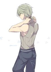 Rule 34 | 1boy, black pants, closed mouth, commentary request, from behind, grey hair, hands up, male focus, martin (rune factory), mini mamu, pants, rune factory, rune factory 5, shirt, short hair, simple background, sleeveless, sleeveless shirt, sleeveless turtleneck, solo, standing, turtleneck, twitter username, tying hair, white background