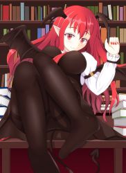 Rule 34 | 1girl, arm up, armband, bat wings, between breasts, black dress, blush, book, book stack, bookshelf, breasts, commentary request, demon tail, dress, full body, head wings, highres, juliet sleeves, koakuma, large breasts, long hair, long sleeves, looking at viewer, miso inpakuto, nail polish, necktie, necktie between breasts, no shoes, pantyhose, pointy ears, puffy sleeves, red eyes, red hair, red necktie, sidelocks, sitting, sitting on table, slit pupils, smile, solo, table, tail, thighband pantyhose, touhou, wings