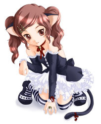 Rule 34 | 1girl, animal ears, arisu (manimanimix), brown eyes, brown hair, cat ears, cat tail, choker, kneehighs, maid, socks, solo, striped clothes, striped thighhighs, tail, thighhighs, twintails