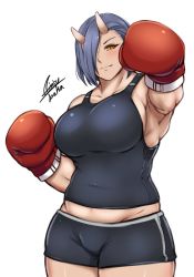 Rule 34 | 1girl, airisubaka, armpits, artist name, blue hair, blush, boxing gloves, breasts, covered navel, curvy, earrings, elf-san wa yaserarenai., hair over one eye, horns, jewelry, large breasts, looking at viewer, midriff, monster girl, muscular, muscular female, oga (elf-san wa yaserarenai.), ogre, oni, oni horns, pointy ears, short hair, signature, simple background, smile, solo, thick thighs, thighs, white background, yellow eyes