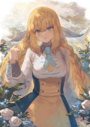 Rule 34 | 1girl, blonde hair, blue eyes, blue necktie, blue skirt, blush, braid, breasts, commentary request, cowboy shot, flower, hair between eyes, hand up, high-waist skirt, highres, isla coleman, large breasts, long hair, long sleeves, looking at viewer, mashuu (neko no oyashiro), necktie, plant, production kawaii, puffy long sleeves, puffy sleeves, shirt, sidelocks, skirt, solo, standing, suspender skirt, suspenders, triangle mouth, twin braids, two-tone skirt, very long hair, virtual youtuber, white flower, white shirt, yellow skirt