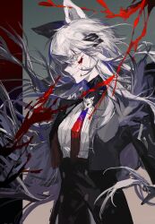 1girl absurdres animal_ears arknights blood blood_on_face brooch chinese_commentary commentary_request gradient_necktie grey_eyes grey_hair hair_ornament hair_over_one_eye highres jewelry kuma_(yoooooooo152) lappland_(arknights) lappland_the_decadenza_(arknights) long_hair necktie red_necktie red_pupils scar scar_across_eye scar_on_face smile solo two-tone_necktie