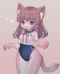 Rule 34 | 1girl, animal ear fluff, animal ears, blue eyes, blue one-piece swimsuit, brown background, brown hair, cat ears, cat girl, cat tail, covered navel, furry, furry female, heart, highres, long hair, no pants, one-piece swimsuit, original, racal ra, school swimsuit, school uniform, serafuku, shirt, short sleeves, simple background, smile, solo, swimsuit, swimsuit under clothes, tail, thighs, white shirt