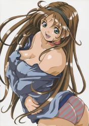 Rule 34 | amano yo-ki, ass, bare shoulders, breast rest, breasts, brown hair, choker, cleavage, covered erect nipples, fang, green eyes, hairband, highres, large breasts, long hair, no bra, panties, smile, solo, standing, striped clothes, striped panties, underwear