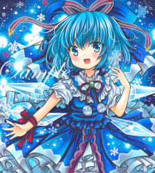 Rule 34 | 1girl, :d, adapted costume, arm ribbon, blue background, blue bow, blue eyes, blue hair, blue skirt, blue theme, blue vest, blush, bow, cirno, cowboy shot, frilled skirt, frilled vest, frills, hair bow, looking at viewer, marker (medium), open mouth, puffy short sleeves, puffy sleeves, red ribbon, ribbon, rui (sugar3), sample watermark, shirt, short sleeves, skirt, skirt set, smile, snowflakes, solo, touhou, traditional media, vest, watermark, white shirt