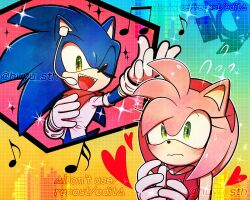 Rule 34 | 1boy, 1girl, amy rose, animal ears, animal nose, artist name, bandana, bare shoulders, blue background, blue fur, checkered background, closed mouth, dress, eyelashes, fang, fangs, furry, furry female, furry male, gloves, gradient background, green background, green eyes, grid background, hairband, hand on own chest, hands up, heart, hedgehog, hedgehog ears, hedgehog girl, highres, huyu sth, jacket, long sleeves, looking at another, microphone, multicolored background, music, musical note, one eye closed, open mouth, pink background, pink fur, pink jacket, red bandana, red dress, red hairband, singing, sleeveless, sleeveless dress, smile, sonic (series), sonic the hedgehog, sparkle, sparkle background, standing, sweatdrop, teeth, tongue, watermark, white gloves, yellow background