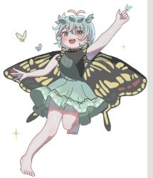 Rule 34 | 1girl, animal, antennae, aqua hair, arm up, barefoot, blush, bug, butterfly, butterfly wings, dress, eternity larva, fairy, green dress, hair between eyes, insect, insect wings, leaf, leaf on head, multicolored clothes, multicolored dress, open mouth, orange eyes, short hair, short sleeves, simple background, smile, solo, stella (pokopokobanana), touhou, white background, wings