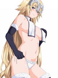 Rule 34 | 1girl, alternate hair length, alternate hairstyle, bare shoulders, blonde hair, blue eyes, blush, breasts, covered erect nipples, elbow gloves, fate/apocrypha, fate/grand order, fate (series), female focus, fur trim, gloves, headwear request, highres, jeanne d&#039;arc (fate), jeanne d&#039;arc (ruler) (fate), jeanne d&#039;arc (third ascension) (fate), large breasts, long hair, looking at viewer, midriff, navel, no bra, odaodaoaoda, panties, side-tie panties, simple background, smile, solo, standing, string panties, thighhighs, underwear, very long hair, wavy mouth, white background, white panties