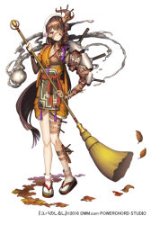 Rule 34 | 1girl, armor, asymmetrical arms, autumn leaves, broom, brown hair, empty eyes, eyepatch, full body, hair over one eye, horns, jewelry, long hair, looking at viewer, monster girl, necklace, official art, ofuda, pin, pointy ears, red eyes, sandals, scar, simple background, single horn, solo, standing, sweeping, tentacles, very long hair, white background, white footwear, yuba no shirushi, zenmaibook