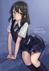 Rule 34 | 10s, 1girl, 2016, arched back, arm support, black hair, black socks, black skirt, blue background, buttons, dated, hair ornament, hairclip, highres, kantai collection, kneehighs, long hair, no gloves, oyashio (kancolle), pleated skirt, school uniform, short sleeves, simple background, sitting, skirt, socks, solo, toro (konirio), twitter username, v arms, vest