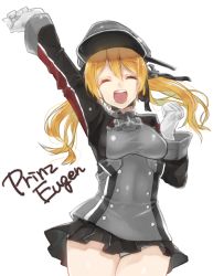 Rule 34 | 10s, 1girl, anchor hair ornament, arm up, bad id, bad nicoseiga id, blonde hair, blush, closed eyes, gloves, hair ornament, hat, kantai collection, long hair, long sleeves, microskirt, military, military uniform, open mouth, panties, pantyshot, peaked cap, prinz eugen (kancolle), simple background, skirt, smile, solo, standing, twintails, underwear, uniform, vivi-t (akagami), white gloves, white panties