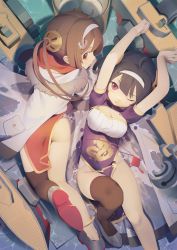 Rule 34 | 2girls, ;&lt;, ahoge, anchor hair ornament, anklet, arms up, ass, azur lane, bamboo steamer, baozi, bare legs, black hair, black legwear, blush, breasts, brown hair, caustics, china dress, chinese clothes, chinese commentary, cleavage, cleavage cutout, closed mouth, clothing cutout, coat, commentary request, day, dragon print, dress, food, from above, fur-trimmed hood, fur trim, fur trimm, gold trim, grey footwear, groin, hair ornament, hair rings, hairband, highres, hood, hood down, hooded coat, jewelry, knee up, light blush, long hair, lying, machinery, medium breasts, multiple girls, ning hai (azur lane), on back, on stomach, open clothes, open coat, outdoors, panties, pelvic curtain, ping hai (azur lane), pocket, print dress, purple dress, purple eyes, qianjing, red dress, red eyes, ribbon, shadow, shallow water, shoes, short sleeves, side-tie panties, single thighhigh, tassel, thighhighs, twintails, underwear, v-shaped eyebrows, water, white coat, white hairband, white panties, white ribbon
