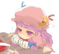 Rule 34 | 1girl, book, breasts, cup, female focus, hat, mota, patchouli knowledge, purple eyes, purple hair, sketch, solo, touhou, white background