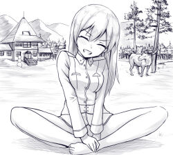 Rule 34 | 1girl, barefoot, blush, bottomless, breasts, closed mouth, eila ilmatar juutilainen, greyscale, grin, hands on feet, house, liar lawyer, long hair, monochrome, moose, outdoors, sitting, small breasts, smile, solo, strike witches, toes, world witches series